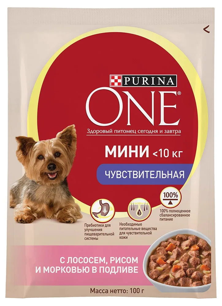 Влажный корм для собак мелких пород Purina ONE МИНИ Чувствительная, с лососем, рисом и морковью в подливе, Пауч, 100 г(24 шт