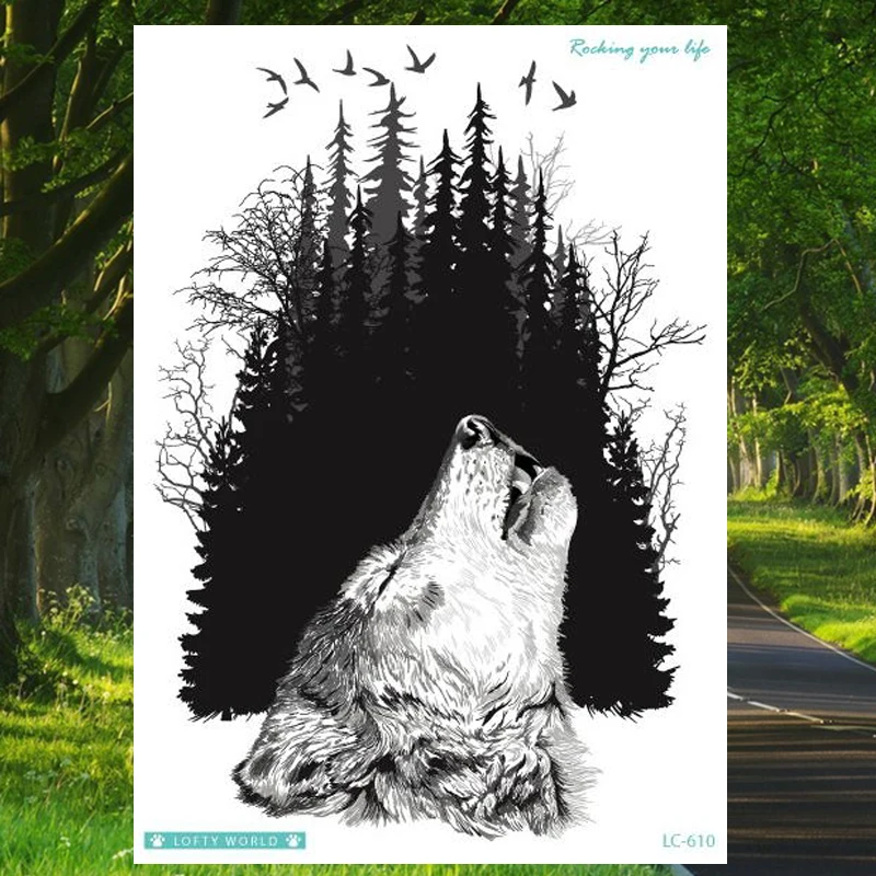 

Howling Wolf Forest Birds Fake Tattoo Stickers Big Size Temporary Tattoos for Men Women Girl Waterproof Tatoo Arm Leg Art Tatoo