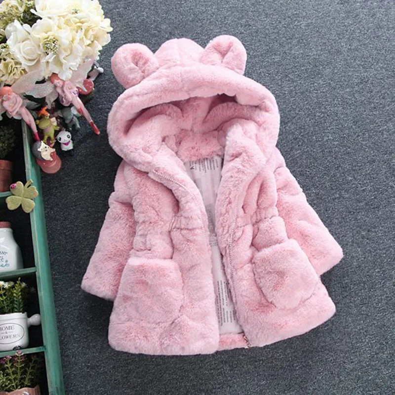 Bear Leader/пальто для девочек Новинка года; модное зимнее пальто с мехом и заячьими ушками плотные детские пальто с капюшоном и длинными рукавами для От 2 до 7 лет - Цвет: az1773 pink