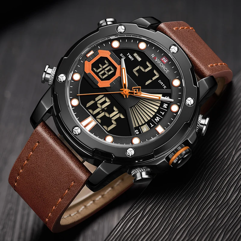 Новинка мужские часы NAVIFORCE кожа водонепроницаемые кварцевые s аналогово цифровые