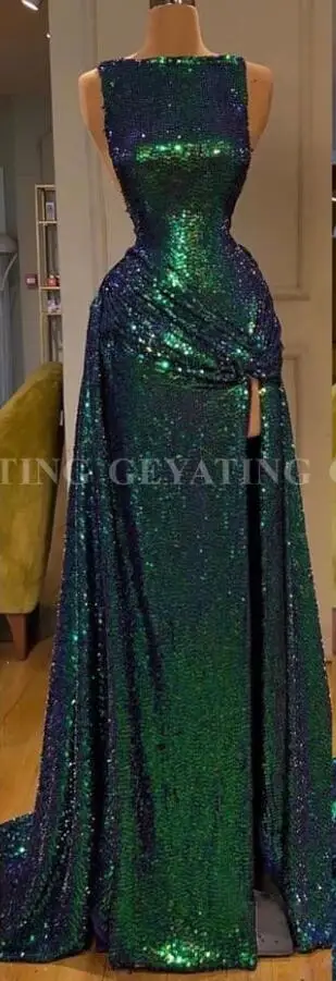 Сверкающая расшитая блестками изумрудная зеленая Русалка африканские платья для выпускного вечера сексуальные одно плечо рукав разрез арабские вечерние платья официальное платье - Цвет: Style B