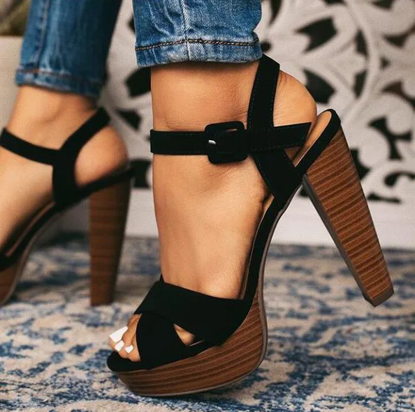 

Mazefeng Fashion 2019 Summer Buckle Strap Women's Sandals Flock Square Heel Heels Shallow DRESS Female Party Pumps Shoes 35-40