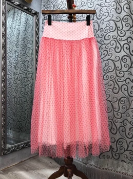

2020 Early Autumn New Women's round Neck Small Wave Point Stitching Perspective Mesh Decoration All-match Skirt 903