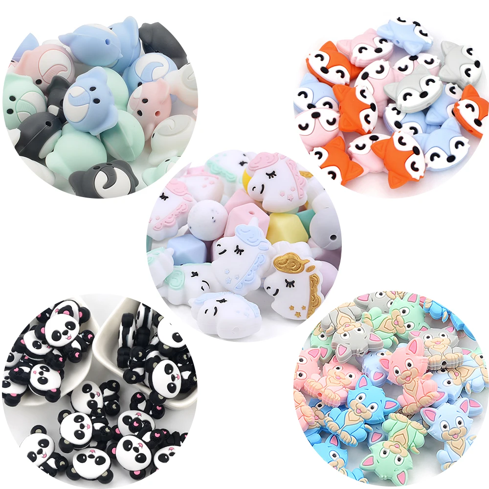

Wholesale 50pcs Silicone Beads Animal Unicorn Cute Beads Baby Teething Food Grade Panda Baby Care Pacifier Chain Gift DIY Foxes