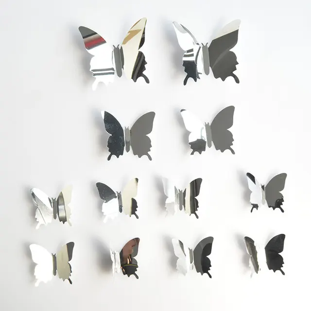 12pcs 3D Mirror Butterfly Wall Stickers Suitable for Living Room and Bedroom Ornament Personalized Home Decoration Accessories Silver 12pcs