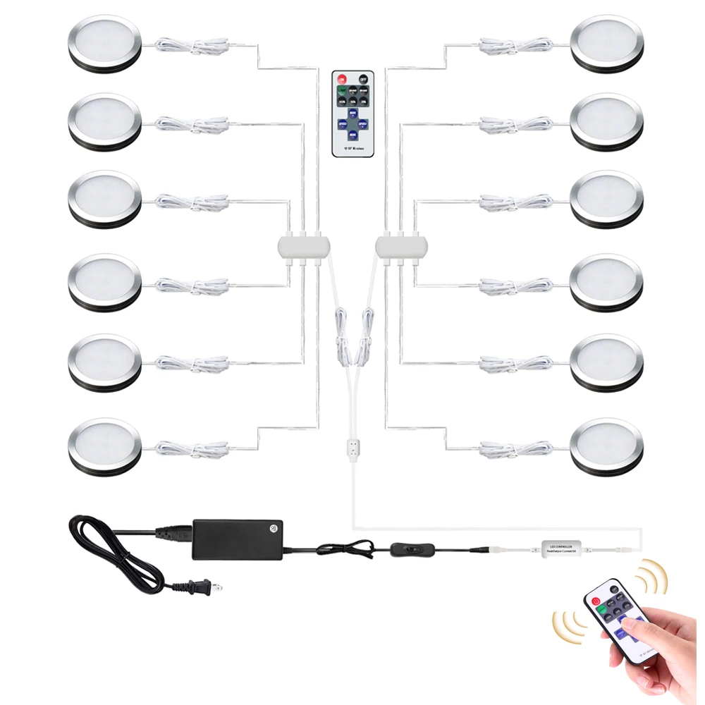 AIBOO-luz LED para debajo del gabinete, luz de cocina, Puck debajo del mostrador con control remoto RF inalámbrico regulable para iluminación de muebles de estante