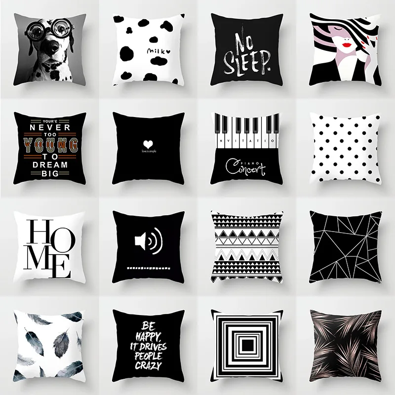 

Simple Nordic Decorative Black and White Geometric Polyester Letter Pillowcase Portrait Keyboard Home Sofa Office Cushion Cover