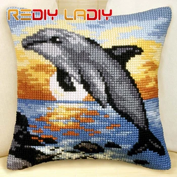 

LADIY Cross Stitch Cushion Cover Acrylic Yarn for Embroidery Cushions Home Decor Cross-Stitch Kits Dolphin Pillow Case 40x40cm