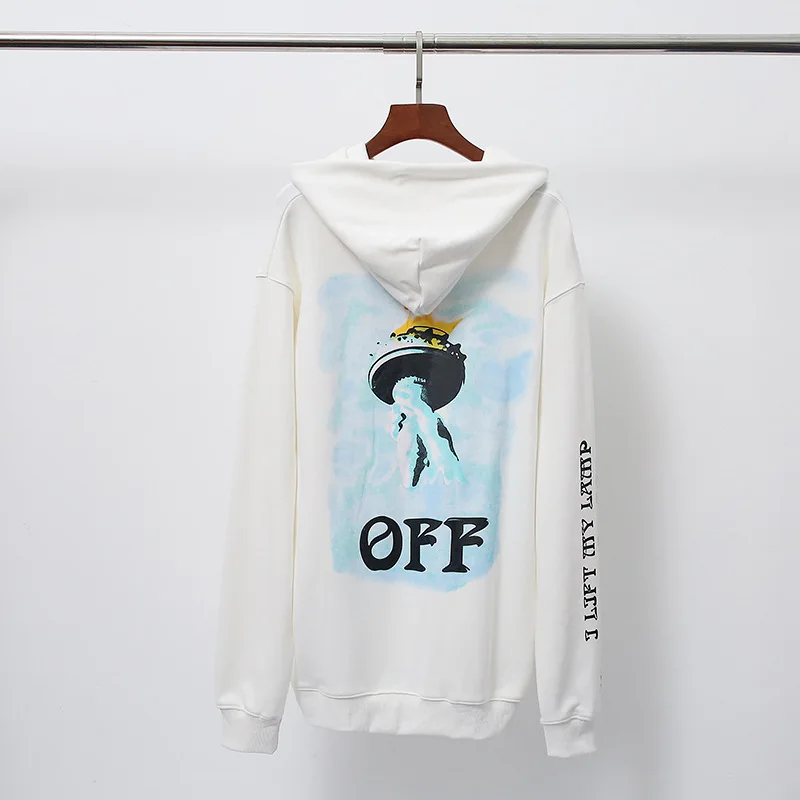 Классический OFF-WHITE статуя Liberty факел печати Толстовка уличная свободная хип хоп Женская Мужская Полная Толстовка
