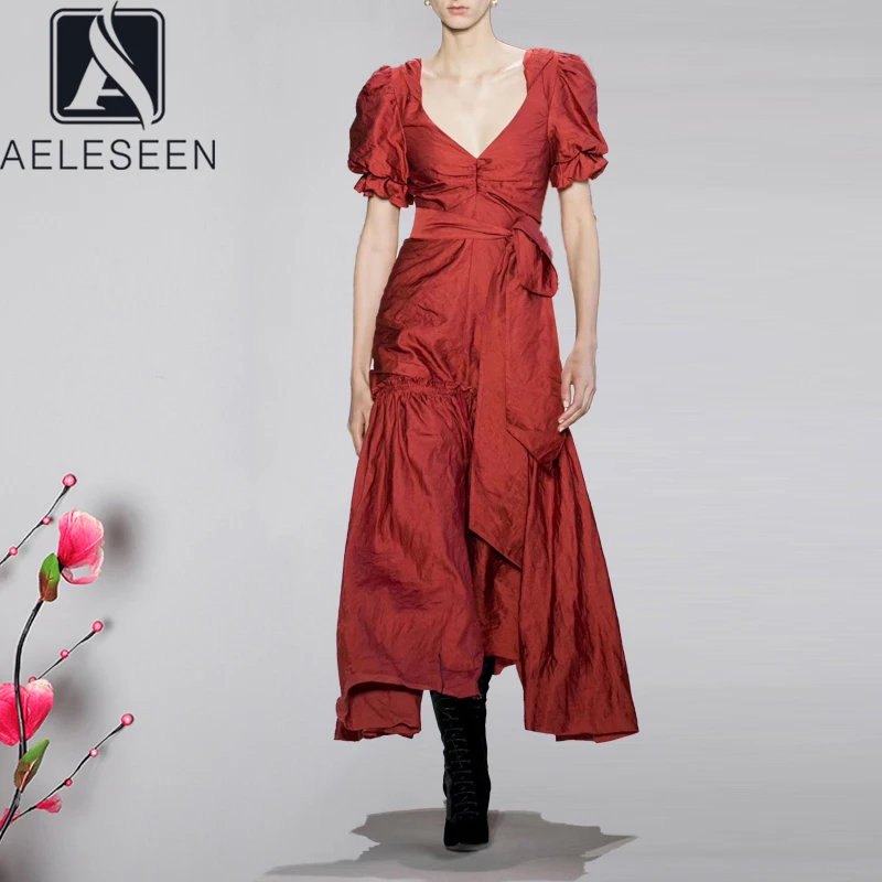 AELESEEN, подиум, модное летнее платье,, женское, с пышными рукавами, дизайнерское, с поясом, красное, желтое, белое, вечерние, на Рождество, длинное платье Vestidos