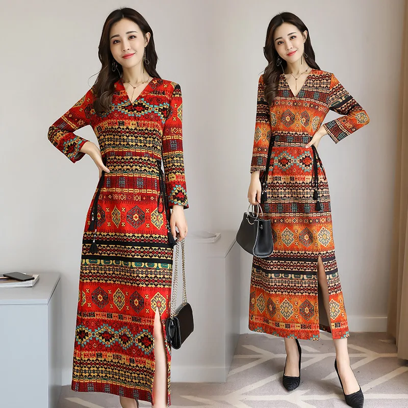 

National Wind Dress Autumn Clothing Women's 2019 New Style Long Sleeve Mid-length Improved Cheongsam Slim Fit Slimming Autumn Lo