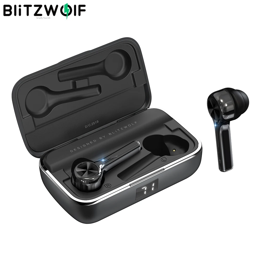 Günstige BlitzWolf FYE6 Bluetooth Kopfhörer mit langem Tragegriff 5.0 TWS True Wireless Graphene Digitalanzeige Kopfhörer mit beidseitigem Anruf Wasserdicht In Ear Ohrhörer Freisprecheinrichtung Steuerung Typ C Aufladen Beantwo