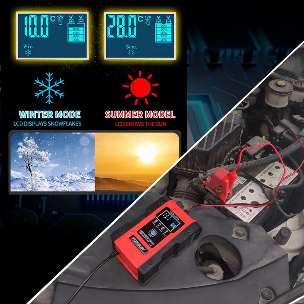 Foxur-自動車用バッテリー充電器,パルス修理,ゲル,ウェット,amm