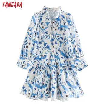 

Tangada women flowers print oversized mini dress bow long sleeve ladies loose short dress vestidos XN457