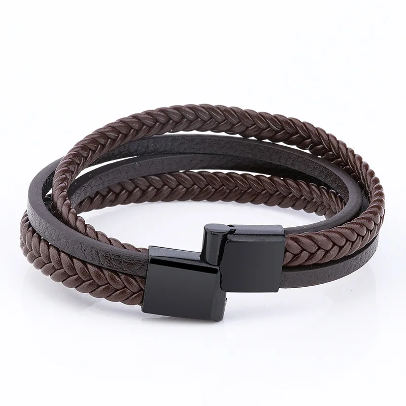 Черный кожаный браслет Homme Pulsera Hombre панковские мужские браслеты с магнитной застежкой многослойная плетеная повязка на руку Мужские аксессуары