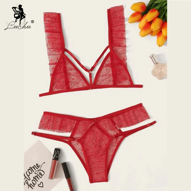 

LEECHEE New Bra set Polka Dot Red Lingerie Women's Underwear Wire Free Bralette Panty set Transparent Three-point Sexy Underwear