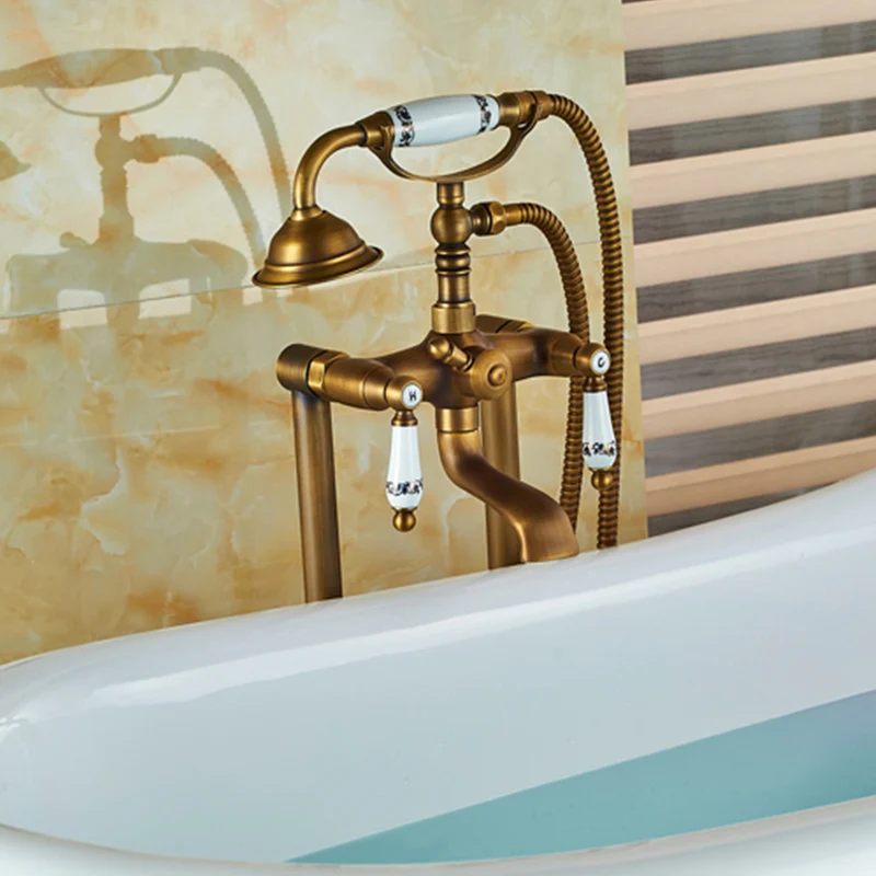 Antique Floor-Standing Bathtub Sink Faucet Bathroom Shower Set Standing Bathtub Faucet With Shower Telephone Style Hot  And Cold 5