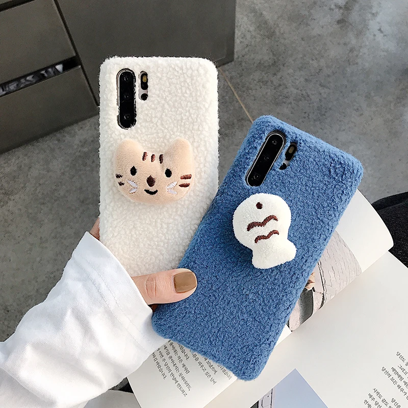 Пушистые мягкие чехлы с милыми котами и рыбками для huawei P20 P30Pro mate 30Pro, Мультяшные чехлы с полным покрытием для Honor 20 V20 Nova 3 4 5, задние чехлы