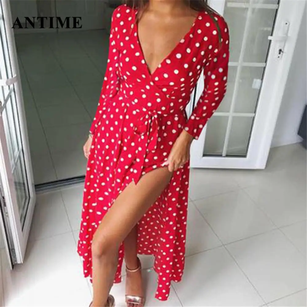 

Antime Black White Polka Dot Dress Casual Women Fall Sexy V Neck Split Long Sleeve Elegant Sashes Maxi Dress Autumn Party