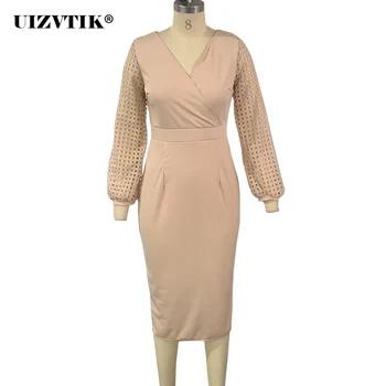 

Spring Summer Dress Women 2020 Casual Plus Size Slim Office Bodycon Dresses Elegant Sexy V Neck Hollow Out Lace Long Party Dress