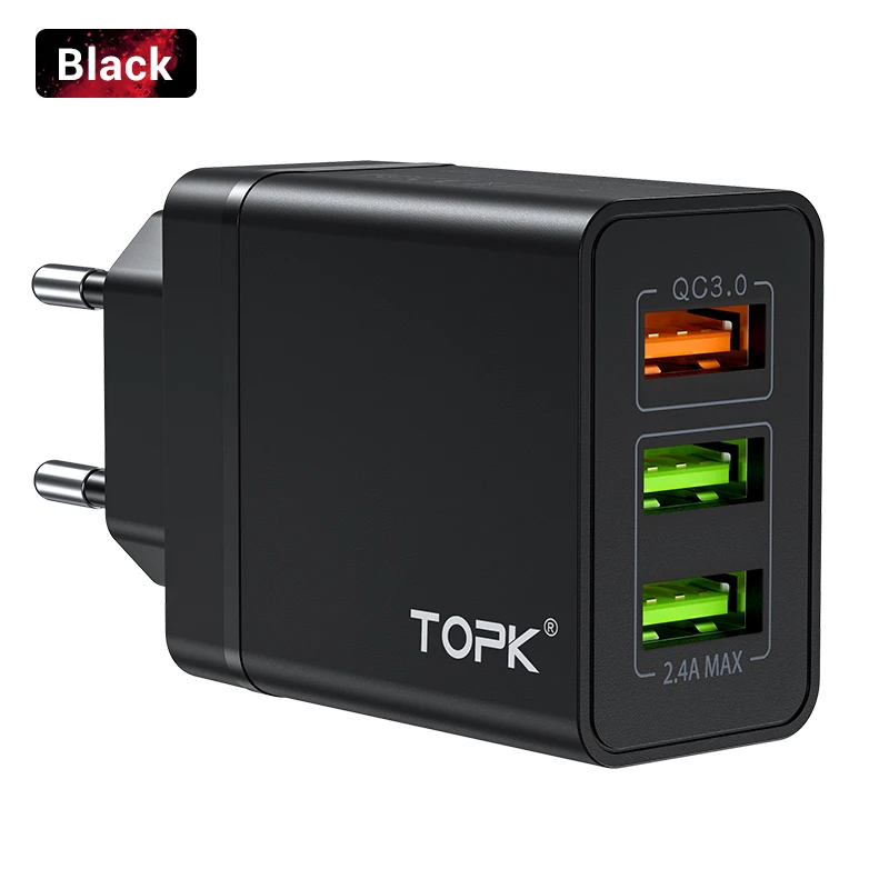 TOPK USB зарядное устройство Быстрая зарядка 3,0 Быстрая зарядка QC3.0 Мульти USB зарядное устройство для samsung S10 Plus Xiaomi дорожное настенное зарядное устройство для телефона EU - Тип штекера: 3 Port Charger Black