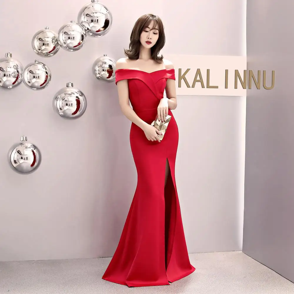 

Off Shoulder Burgundy Evening Dress Satin one word collar dress Party Dress Prom Gown Sexy Robe De Soiree With slit Abendkleider