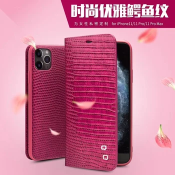

Female exclusive Rose QIALINO Case For iPhone 11 Pro Max Genuine Leather Crocodile Flip Wallet Case For iphone XR XS MAX