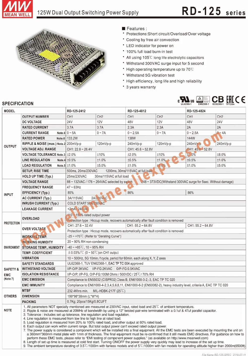 Mean Well RD-125-4812 138 Вт 48 В/12 в двойной выход импульсный источник питания meanwell AC/DC 2.3A