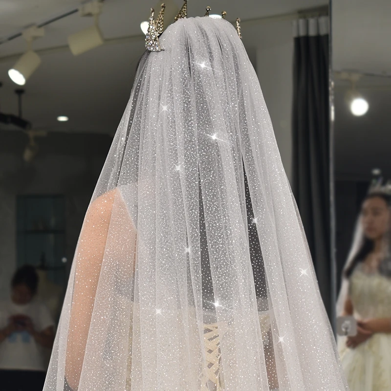 B58-D Bling Gold 3 Meters Bridal Veil One Layer White Champagne Wedding Veils With Comb Party Veils Luxurious Veils Accessories