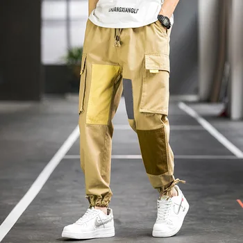 

2020 Spring New Hong Kong Style Patch Beggar Pants Men's Color Matching Straight Large Pocket Casual Pants