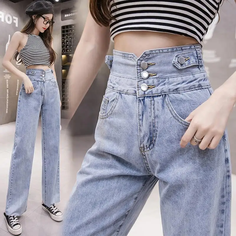 

Spring Jeans For Women Blue Loose Vintage Female Fashion High Waist Streetwear New leisure loose Denim Straight pants Trousers