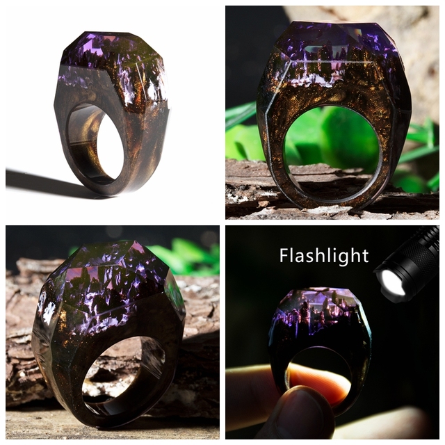 Fashion Wood Resin Ring Female Forest Handmade Rainbow Star Secret Sky Micro Landscape Wooden Ring High Quality Jewelry