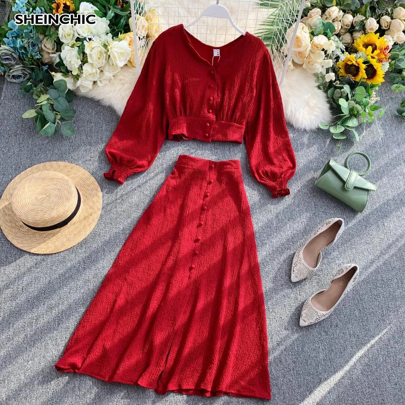 

Autumn/Fall 2019 Vintage Two Piece Set Elegant Red Black Yellow Single Breasted Long Sleeve Tops+Skirt Autumn 2 Piece Set Female