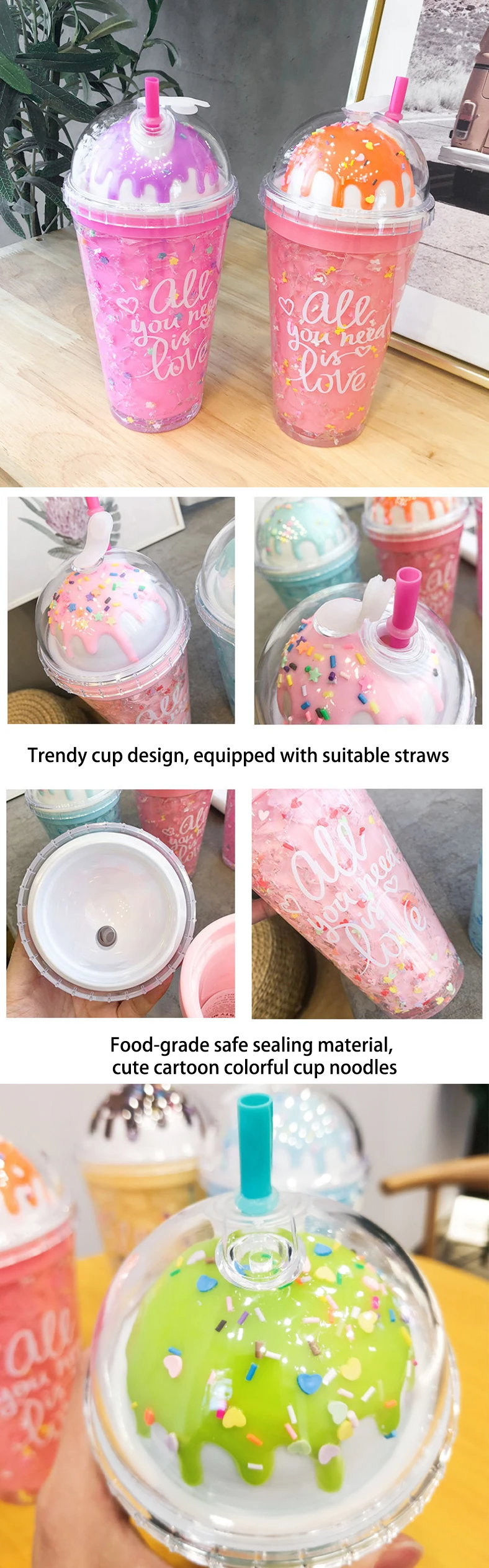 Cute Ice Cream Drinking Cup Straw Plastic Cup Colorful And Fun Design Favorite Gift Bottle For Girls And Kid - 600Ml
