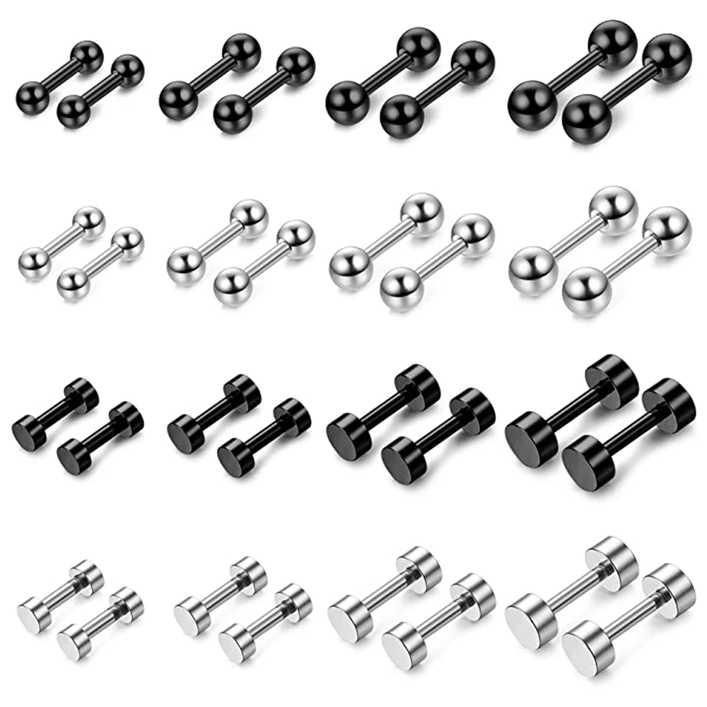 

4-16 Pairs 16G Stainless Steel Round Ball Stud Earrings Set Women Men Ear Tunnel Barbell Cartilage Helix Piercing Earrings 3-6mm