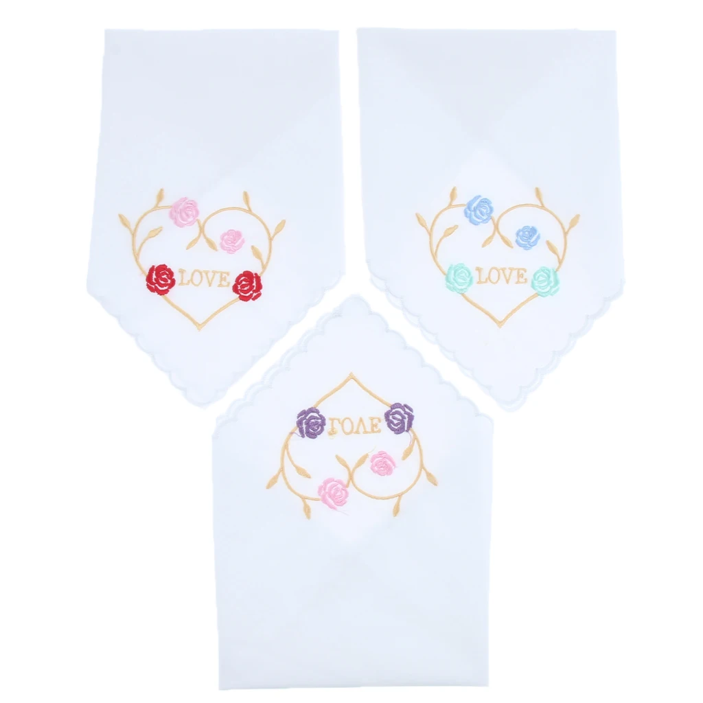 Ladies Ladies Cotton Heart Floral Embroidery Handkerchiefs Hanky ​​Set From 3