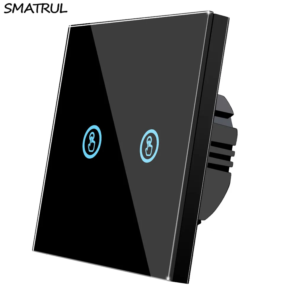 2 gang Switch BLACK SMATRUL сенсорный настенный выключатель светильник светодиод включения/выключения лампа Кристалл Стекло экран панель 2 банды AC 110 В 220 в 240 В ЕС Великобритания США Стандартный датчик - Цвет: 2 gang Switch BLACK