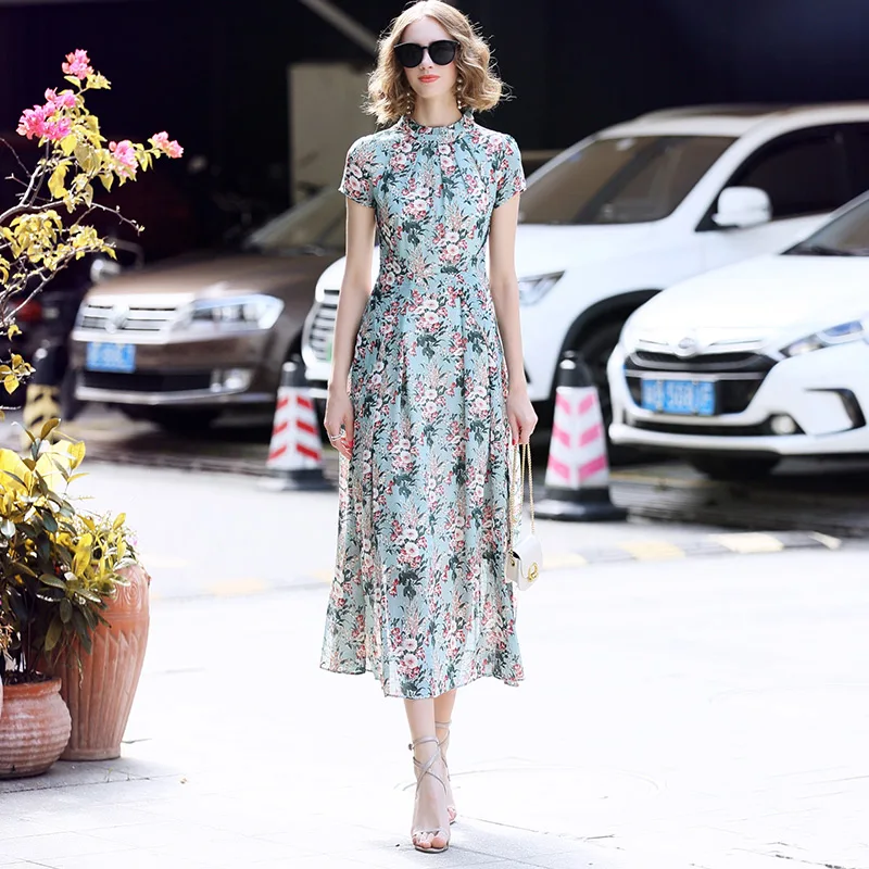 

family RMOJUL 2019 summer wear women's clothing new elegant collar cultivate morality floral chiffon dress dress