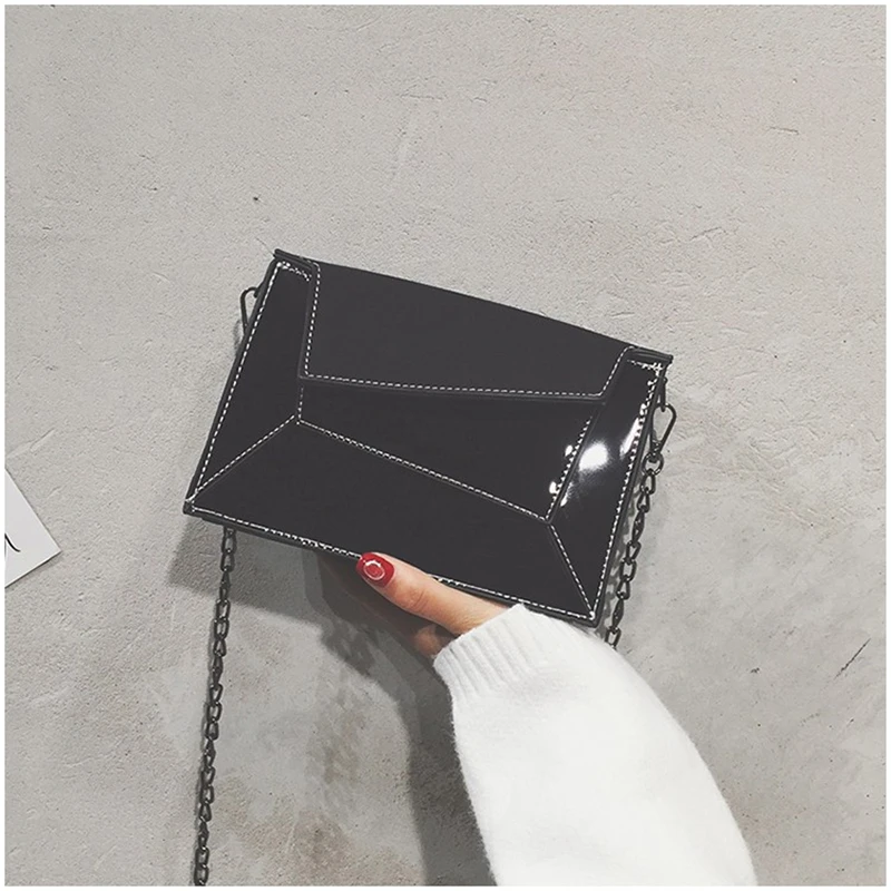 MOFFT Luxury Solid Color Women Patent Leather Messenger Bags Flap Crossbody Bags Geometric Pattern Long Metal Chain Fresh