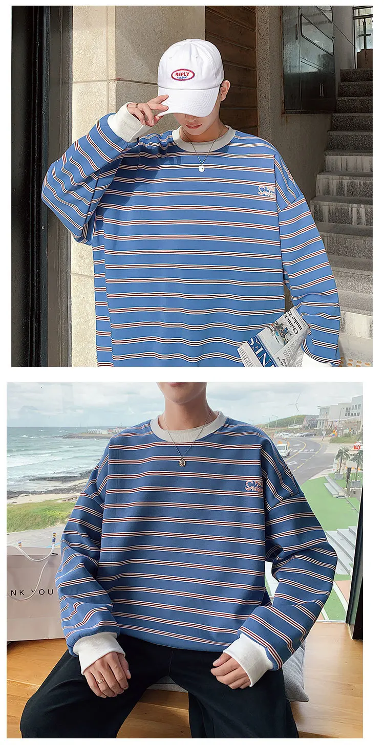 Осень-зима, Свободный пуловер с принтом в Гонконге, свитер в полоску с длинными рукавами и круглым вырезом
