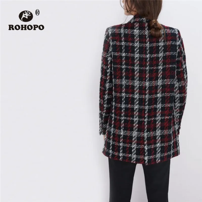 ROHOPO Notched Collar Tweed Plaid Double Buttons Blazer White Red Cross Striped Thick Blend Thick Straight Outwear #9804 ROHOPO Notched Collar Tweed Plaid Double Buttons Blazer White Red Cross Striped Thick Blend Thick Straight Outwear #9804