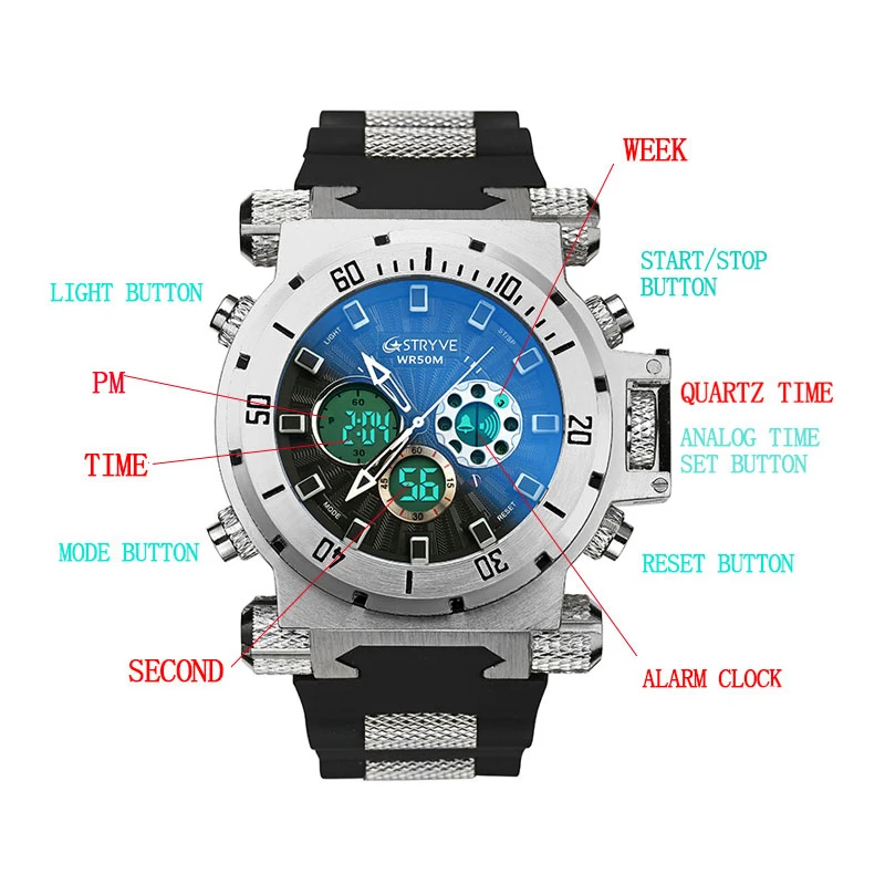 Stryve Дайвинг мужские часы Топ бренд класса люкс 5 АТМ водонепроницаемые светодиодные цифровые часы мужские спортивные мужские наручные часы Relogio Masculino