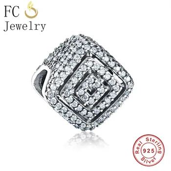

FC Jewelry Fit Original Pandora Charms Bracelet 925 Silver Square Micro Pave Zircon Bead Making Women Reflexions Berloque 2019