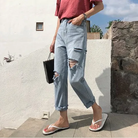 light blue Летние джинсы женские винтажные уличные повседневные свободные женские джинсы длиной до щиколотки размера плюс выбеленные джинсы с дырками и широкими штанинами fw534 - Цвет: light blue