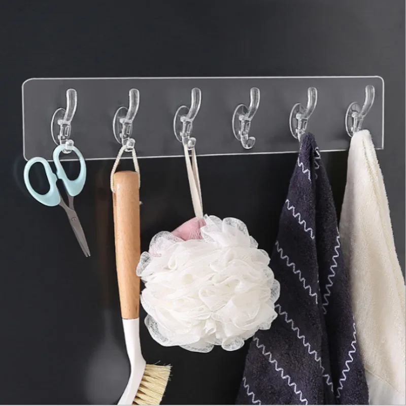 1/3/5/6 Row Transparent Wall Hanger Hooks Strong Adhesive Hooks for Bathroom  Kitchen Towels Hats Keys Storage Rack