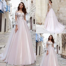 Свадебное платье трапециевидной формы с длинными рукавами, объемные цветы, Кружевная аппликация, свадебное платье со шлейфом, Vestido De Noiva