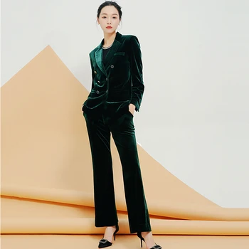 

Gold Velvet Suits Women Two Pieces Set Solid Long Sleeves Zipper Double Breasted Colors Simple Design New Casual Style Fashion