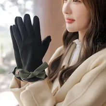 

Woman's Winter Warm Suede Leather Touch Screen Driving Gloves Female's Plus Velvet Thick Fingerless Girls Flip Cycling Bow Mitt