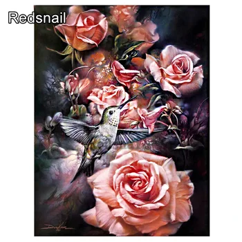 

DIY Diamond Painting Cross Stitch hummingbird pink rose scenery Needlework Full Rhinestone Mosaic 5D Embroidery decor TT989