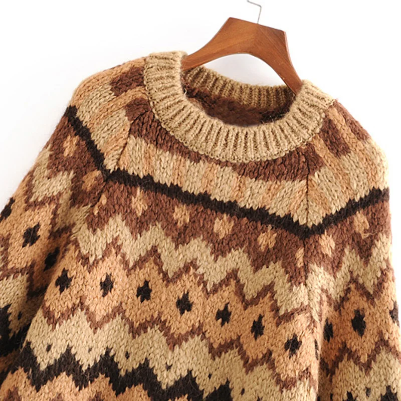 ZOEPO, зимние теплые свободные свитера для женщин, модный жаккардовый свитер с круглым вырезом, женские элегантные свитера с пышными рукавами, женские свитера JV